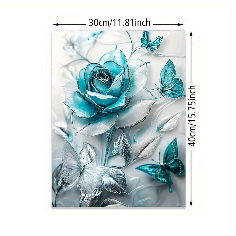 Elegant Turquoise Blue Crystal Rose & Teal Butterflies Canvas Wall Art With Wooden Frame - Classic Decorative Poster For Living Room, Bedroom, Home Office