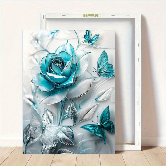 Elegant Turquoise Blue Crystal Rose & Teal Butterflies Canvas Wall Art With Wooden Frame - Classic Decorative Poster For Living Room, Bedroom, Home Office