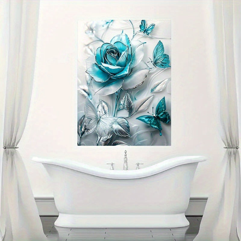 Elegant Turquoise Blue Crystal Rose & Teal Butterflies Canvas Wall Art With Wooden Frame - Classic Decorative Poster For Living Room, Bedroom, Home Office