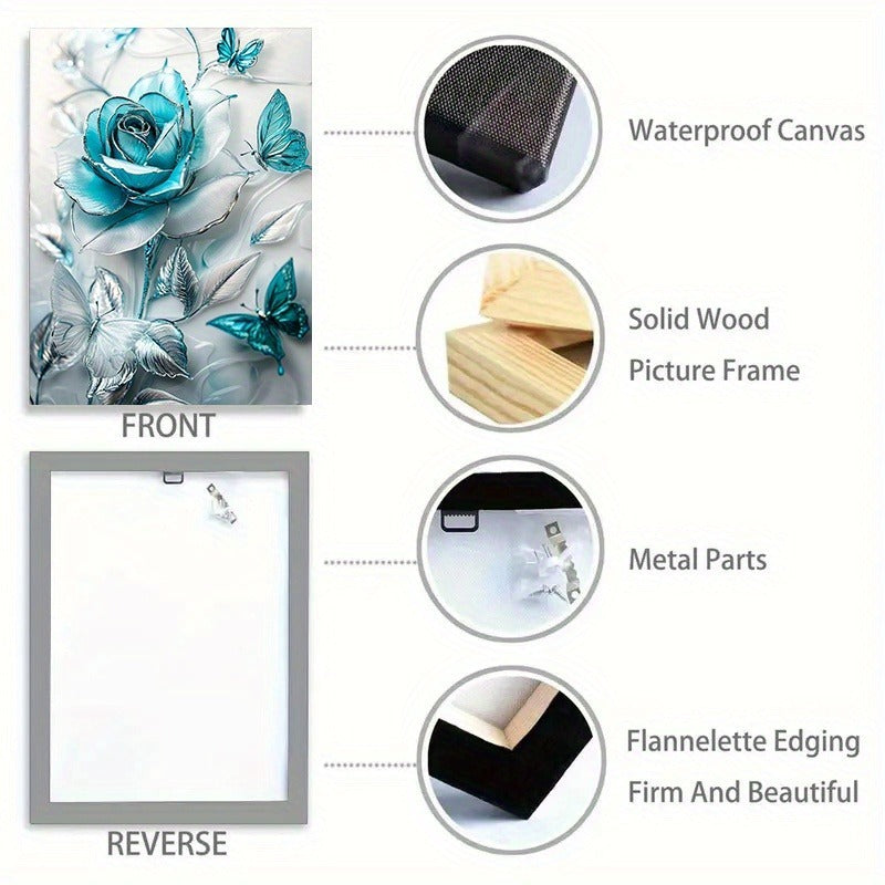 Elegant Turquoise Blue Crystal Rose & Teal Butterflies Canvas Wall Art With Wooden Frame - Classic Decorative Poster For Living Room, Bedroom, Home Office