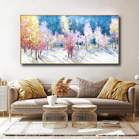 Handmade Oil Painting Canvas Wall Art Decoration Abstract Multi-Color Autumn Winter Forest Landscape Artwork For Home Living Room Decor Rolled Frameless Unstretched Painting