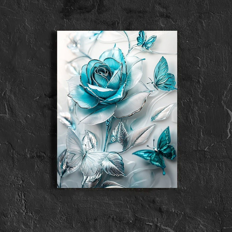 Elegant Turquoise Blue Crystal Rose & Teal Butterflies Canvas Wall Art With Wooden Frame - Classic Decorative Poster For Living Room, Bedroom, Home Office
